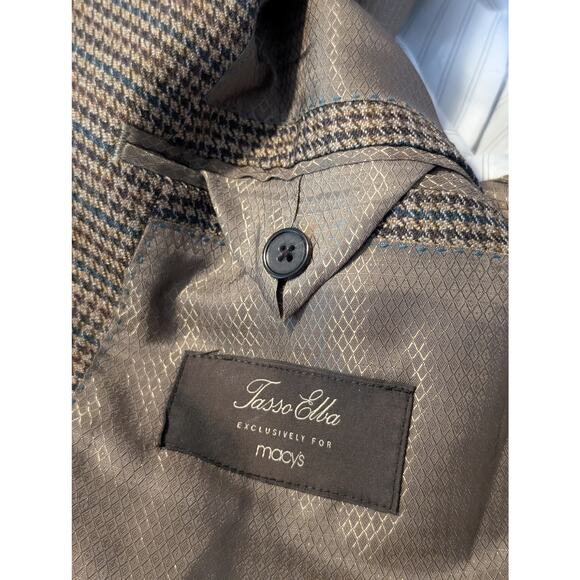 Tasso Elba Macy's Elbow Patch 100% Wool Brown Houndstooth Sports Coat Mens 44R - Picture 7 of 14